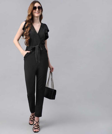 Darzi Women's Lycra Blend Solid V-Neck Jumpsuit Roposo Clout